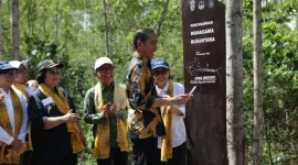 Penandatanganan piagam di kayu Sukai oleh Presiden disaksikan oleh Rektor UGM dan jajaran Menteri. Foto: Fistro/UGM