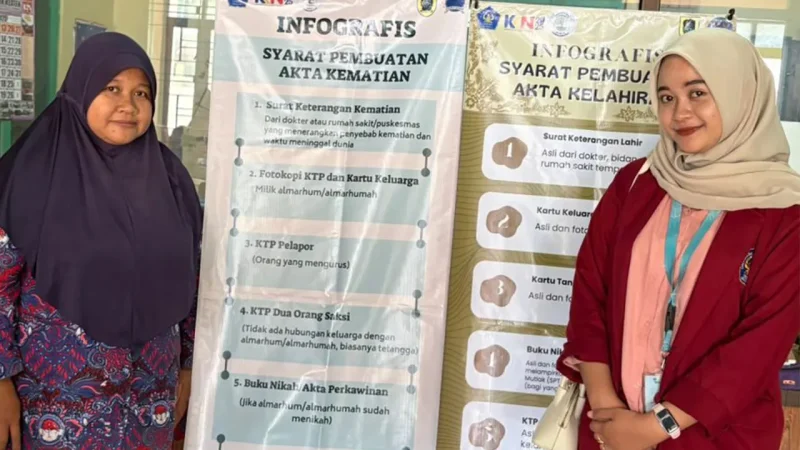 Mahasiswa KKN bersama perangkat Desa Kadirejo memperkenalkan infografis syarat pembuatan akta kelahiran dan kematian yang dipasang di kantor desa. Foto: pribadi