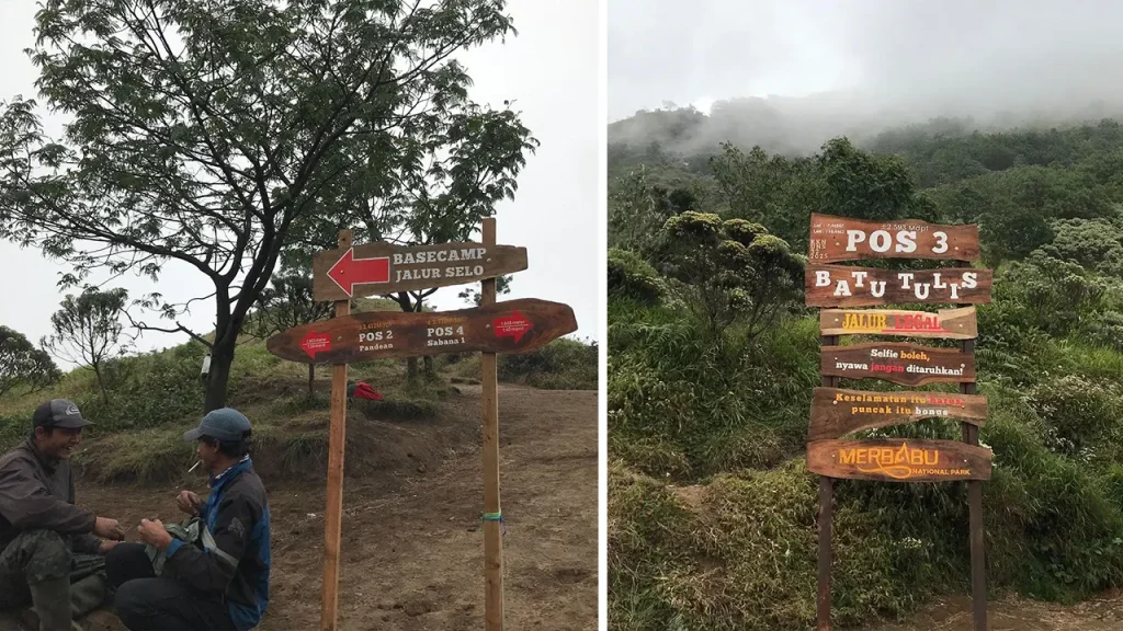 Papan informasi jalur pendakian Gunung Merbabu via Selo yang telah diperbaiki. Foto: KKN 32 UNS