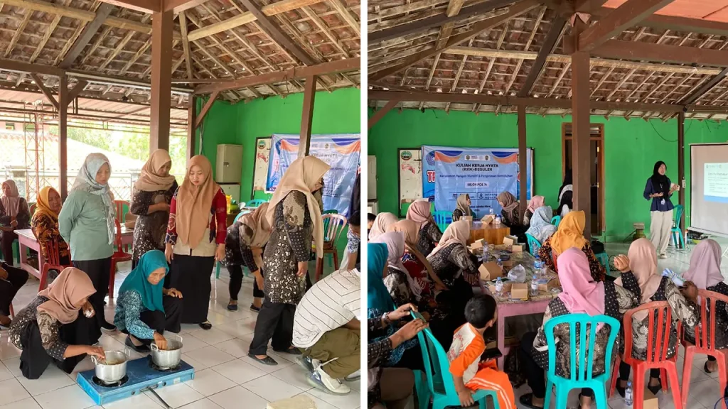 Warga Desa Semanggi, Blora, tampak antusias mengikuti pelatihan produksi dan pengemasan keripik jagung yang digelar Mahasiswa KKN UNS Kelompok 14 sebagai upaya pemberdayaan potensi lokal. Foto: KKN 14 UNS