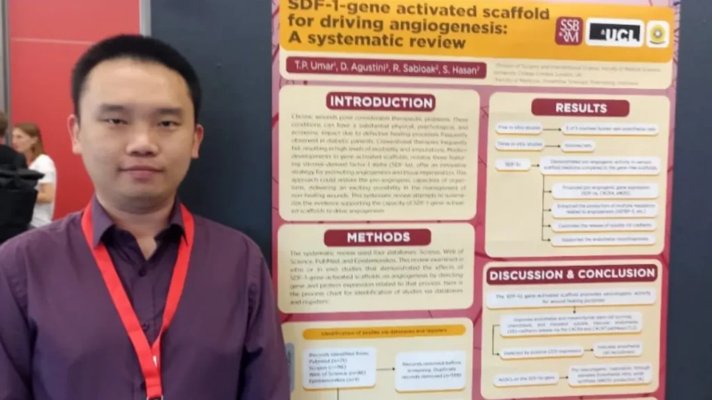 Dokter muda Indonesia, Tungki Pratama Umar saat mempresentasikan hasil riset bertajuk “SDF-1 gene activated scaffold for driving angiogenesis: A systematic review” dalam forum ilmiah internasional, menunjukkan kontribusi penting bagi perkembangan ilmu biomedis dunia. Sumber: pribadi