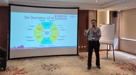 Pembicara memaparkan materi bertema “Six Domains of AI Support” dan menekankan peran penting kecerdasan buatan dalam mendukung pengambilan keputusan di berbagai bidang. Sumber: pribadi