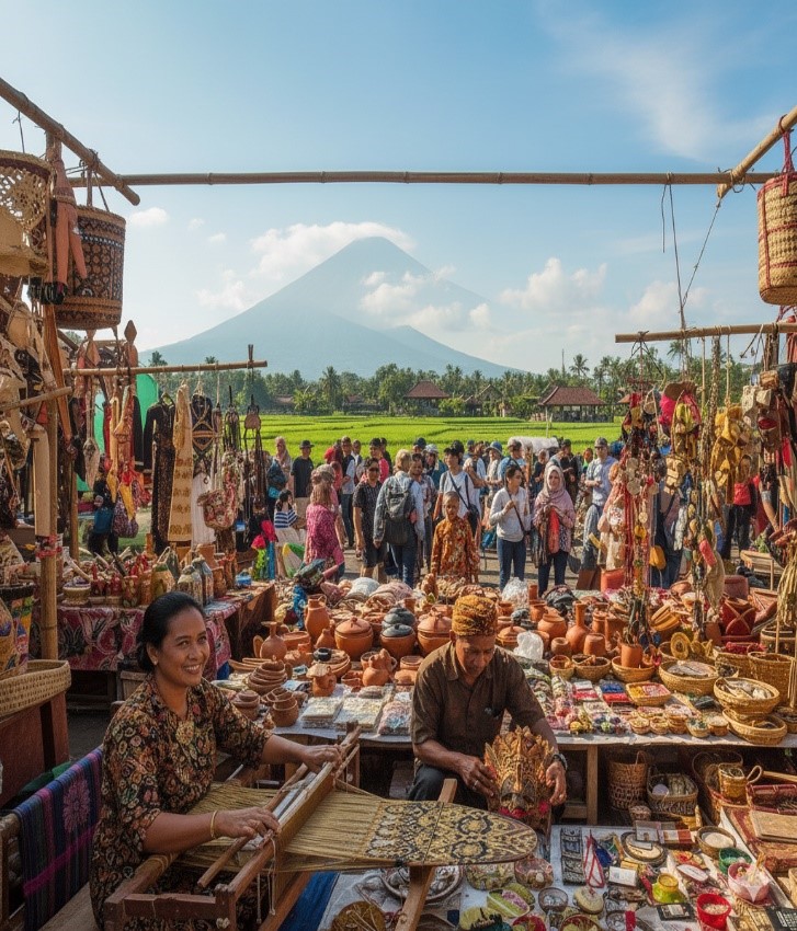 Suasana pasar kerajinan tradisional di lereng gunung memperlihatkan geliat ekonomi kreatif berbasis budaya lokal. Produk kriya buatan tangan menjadi simbol ketekunan, identitas, dan daya saing ekonomi rakyat Indonesia di tengah arus globalisasi.