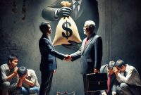 Ilustrasi ketimpangan dan privilese di balik kebijakan pensiun DPR — simbol pertemuan antara kekuasaan dan uang, sementara rakyat kecil terus menanggung bebannya. (pinterest.com)