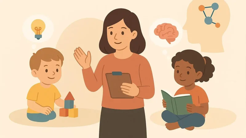 Guru berperan penting dalam mengembangkan potensi kognitif anak melalui pendekatan psikologi pendidikan yang menyenangkan dan sesuai tahap perkembangan.