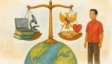 Menunjukkan keseimbangan antara ilmu dan moralitas sebagai dasar pendidikan beretika Pancasila menuju peradaban dunia yang adil dan beradab.