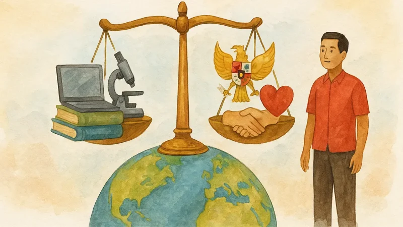 Menunjukkan keseimbangan antara ilmu dan moralitas sebagai dasar pendidikan beretika Pancasila menuju peradaban dunia yang adil dan beradab.