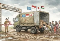 Ilustrasi bantuan berhenti di garis batas, penderitaan tidak mengenal perbatasan. (gg)