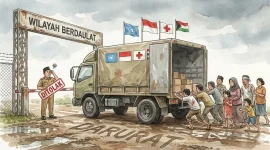 Ilustrasi bantuan berhenti di garis batas, penderitaan tidak mengenal perbatasan. (gg)