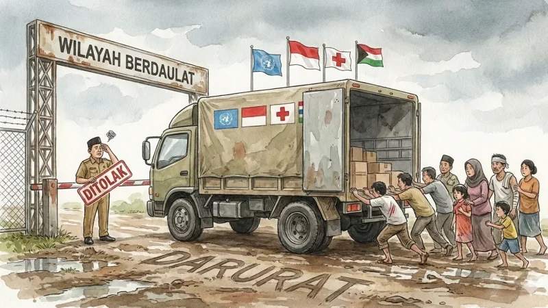 Ilustrasi bantuan berhenti di garis batas, penderitaan tidak mengenal perbatasan. (gg)