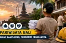 Ilustrasi pekerja sektor pariwisata di Bali dengan latar kawasan wisata dan simbol keselamatan kerja. (GG)