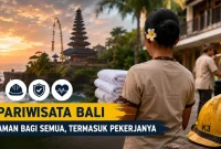 Ilustrasi pekerja sektor pariwisata di Bali dengan latar kawasan wisata dan simbol keselamatan kerja. (GG)