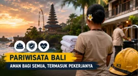Ilustrasi pekerja sektor pariwisata di Bali dengan latar kawasan wisata dan simbol keselamatan kerja. (GG)