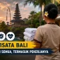 Ilustrasi pekerja sektor pariwisata di Bali dengan latar kawasan wisata dan simbol keselamatan kerja. (GG)
