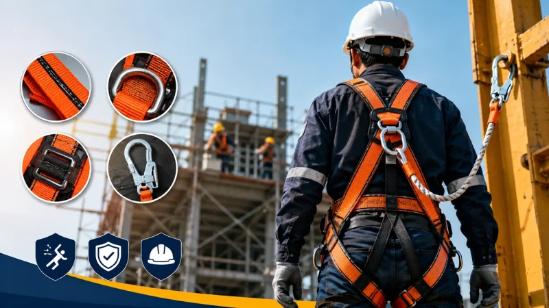 Ilustrasi Salah satu perlengkapan yang perlu diperhatikan adalah full body safety harness. Sebelum digunakan, sejumlah komponen seperti webbing, D-ring, buckle, serta lanyard dan hook perlu diperiksa untuk memastikan kondisinya layak dan sesuai dengan kebutuhan pekerjaan.