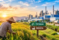 Ilustrasi sawah dan industri